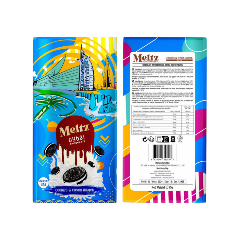 Meltz Dubai Schokolade – Cookies & Cream mit Knafeh-Füllung (75 g)