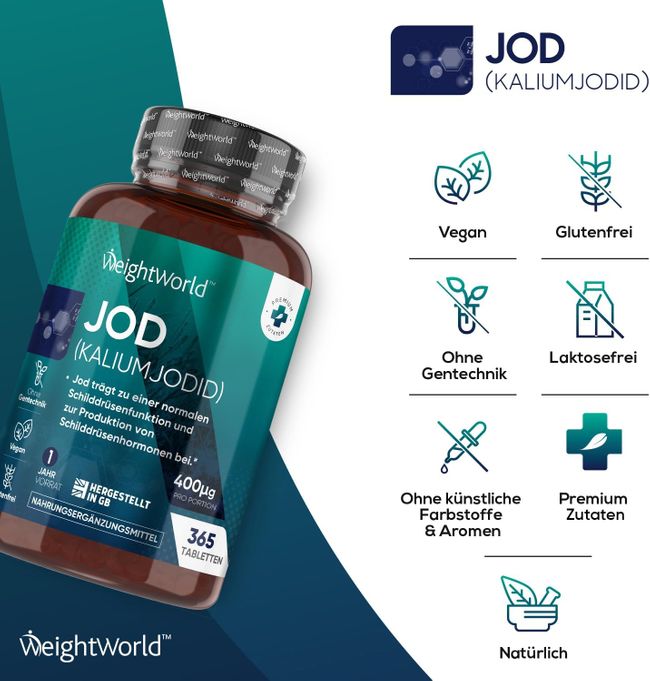 WeightWorld Jod 400µg & Kaliumjodid · 365 vegane Tabletten – Bild 3