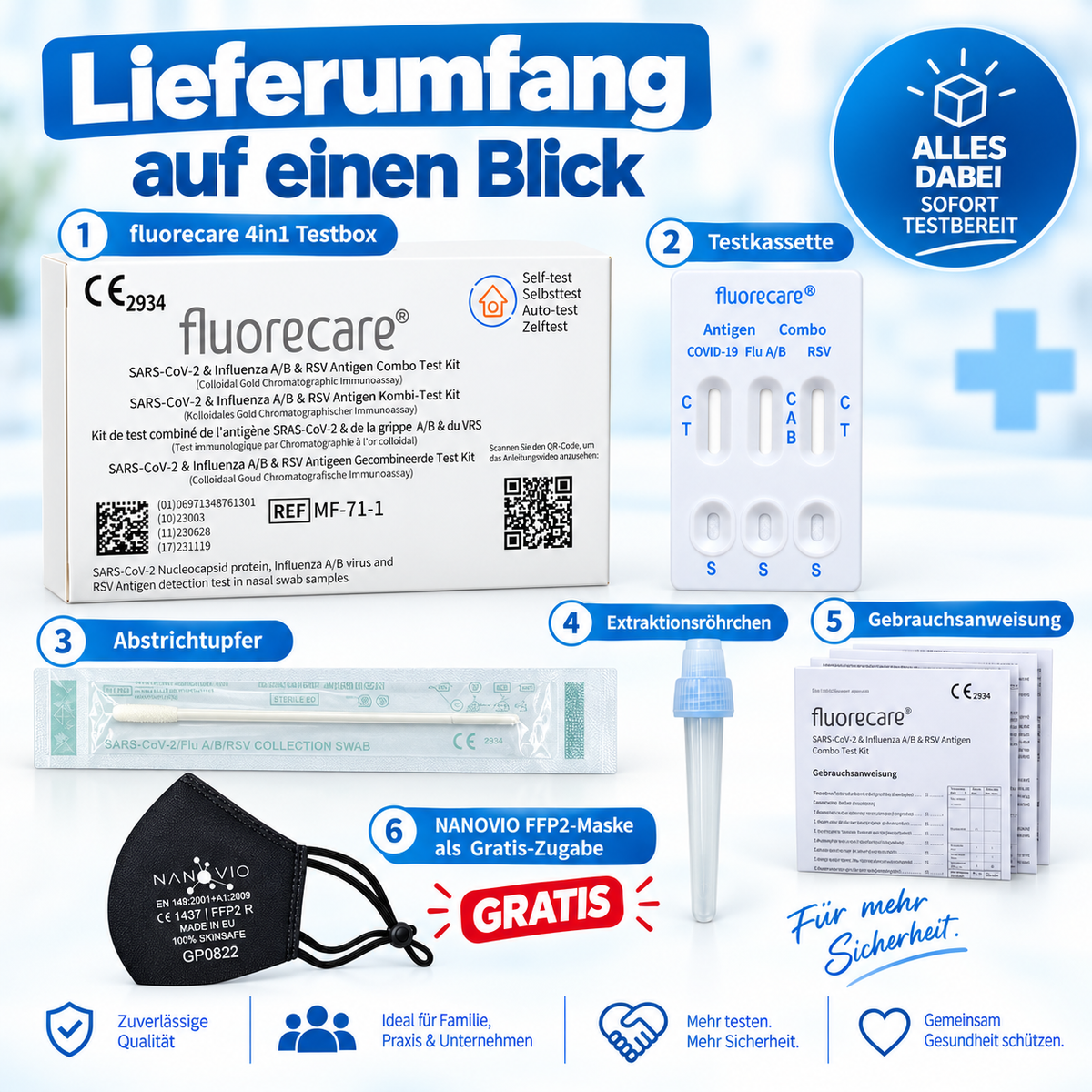 fluorecare® 4in1 SARS-CoV-2, Influenza A/B & RSV Combo-Schnelltest + Gratis Nanovio FFP2 Maske