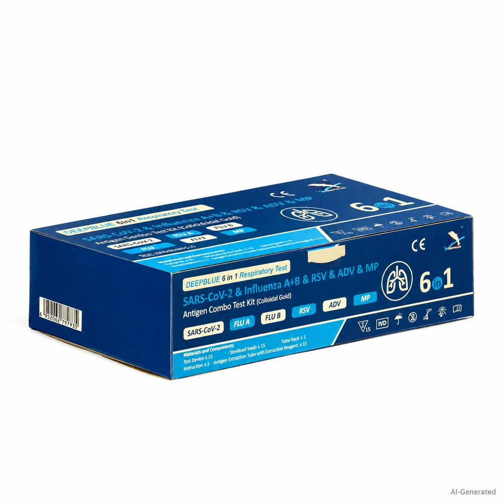 Deepblue | 6in1 Profi Antigen Combo Test für COVID-19 (Corona), Grippe A/B, RSV, Adenovirus & Mycoplasma (MP) 15 Stück Packung