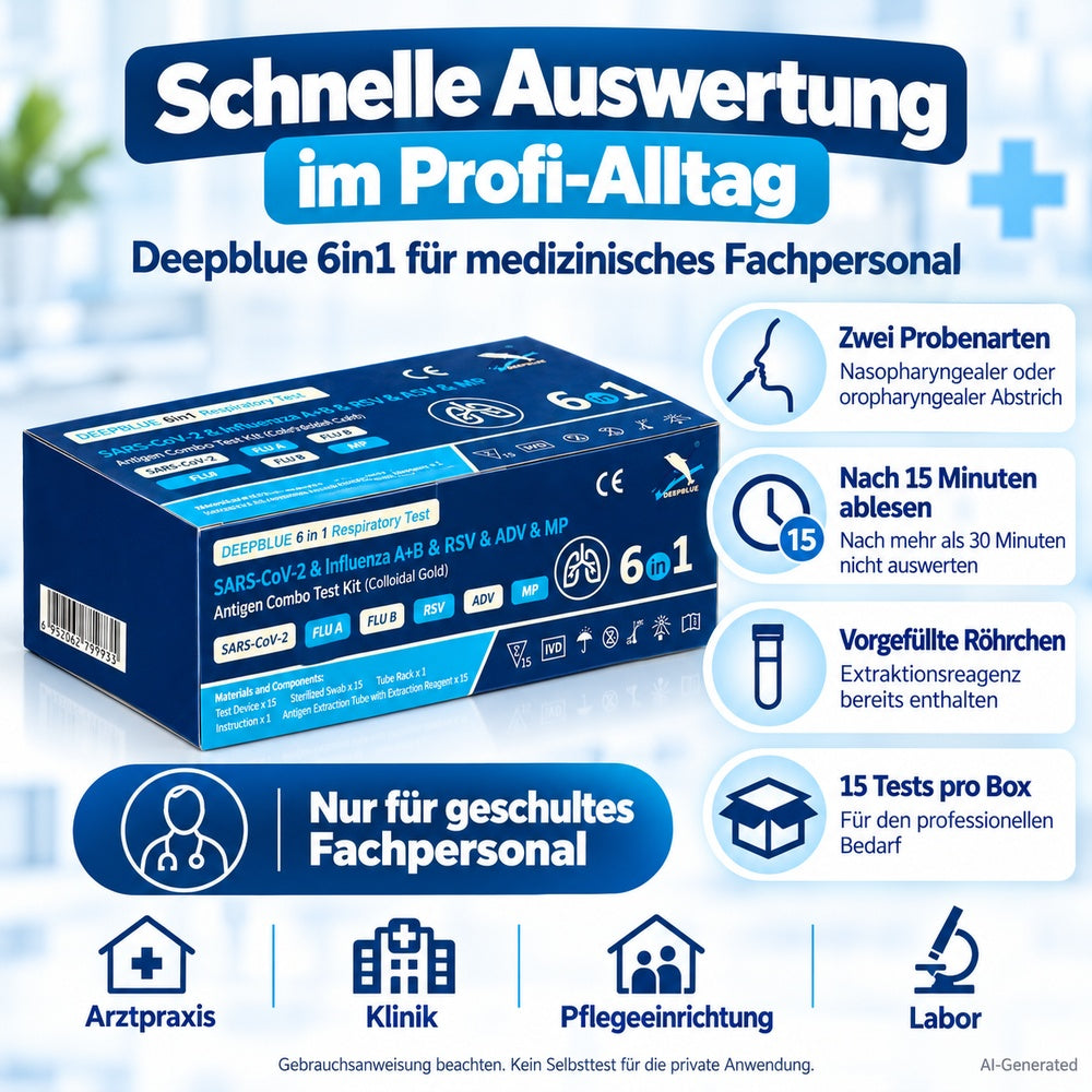 Deepblue | 6in1 Profi Antigen Combo Test für COVID-19 (Corona), Grippe A/B, RSV, Adenovirus & Mycoplasma (MP) 15 Stück Packung
