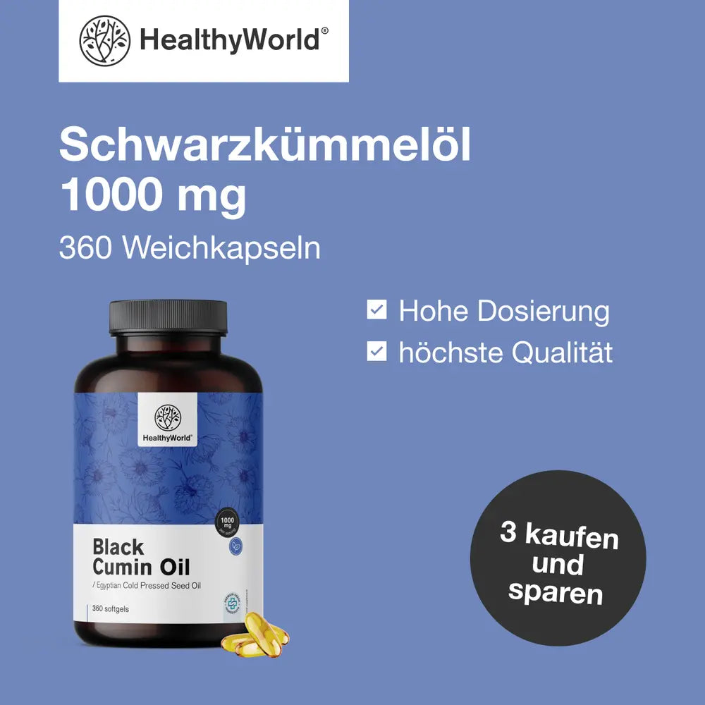 HealthyWorld Schwarzkümmelöl 1000 mg · 360 Weichkapseln – Bild 3