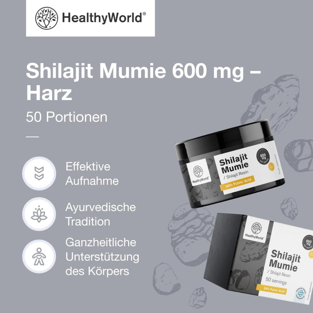 HealthyWorld | Shilajit Mumie 600 mg – Harz zum Ausgleich von Körper und Geist - 30 g