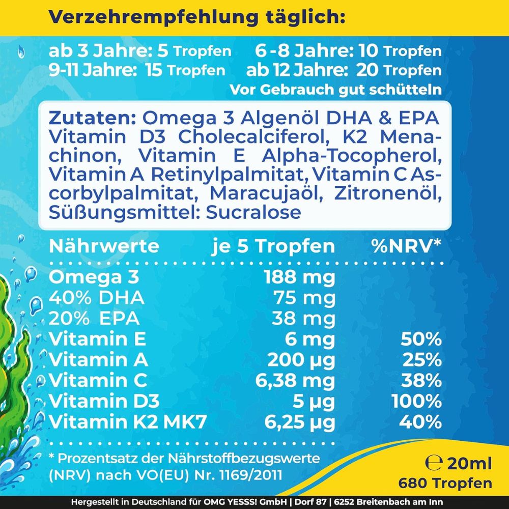 NatureCraft | KIDS Multivitamin Tropfen + Omega-3 – DHA & EPA + Vitamin D3, K2, A, C & E – 20 ml - NEUHEIT