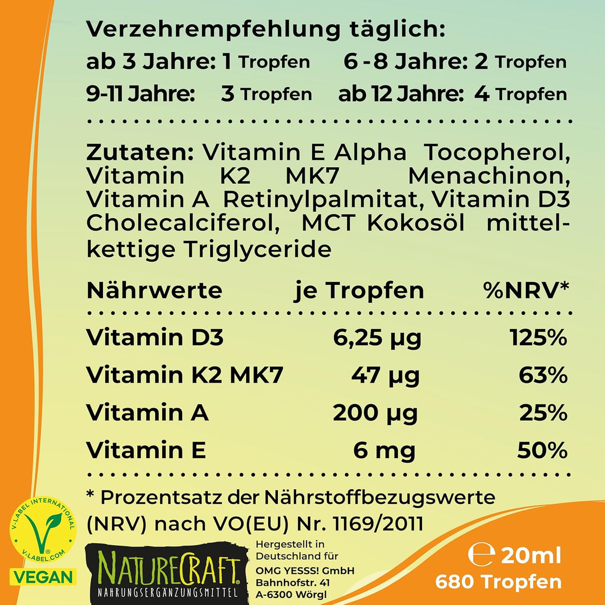 NatureCraft Vegan Vitamin D3+K2 Tropfen KIDS · 20ml – Bild 4