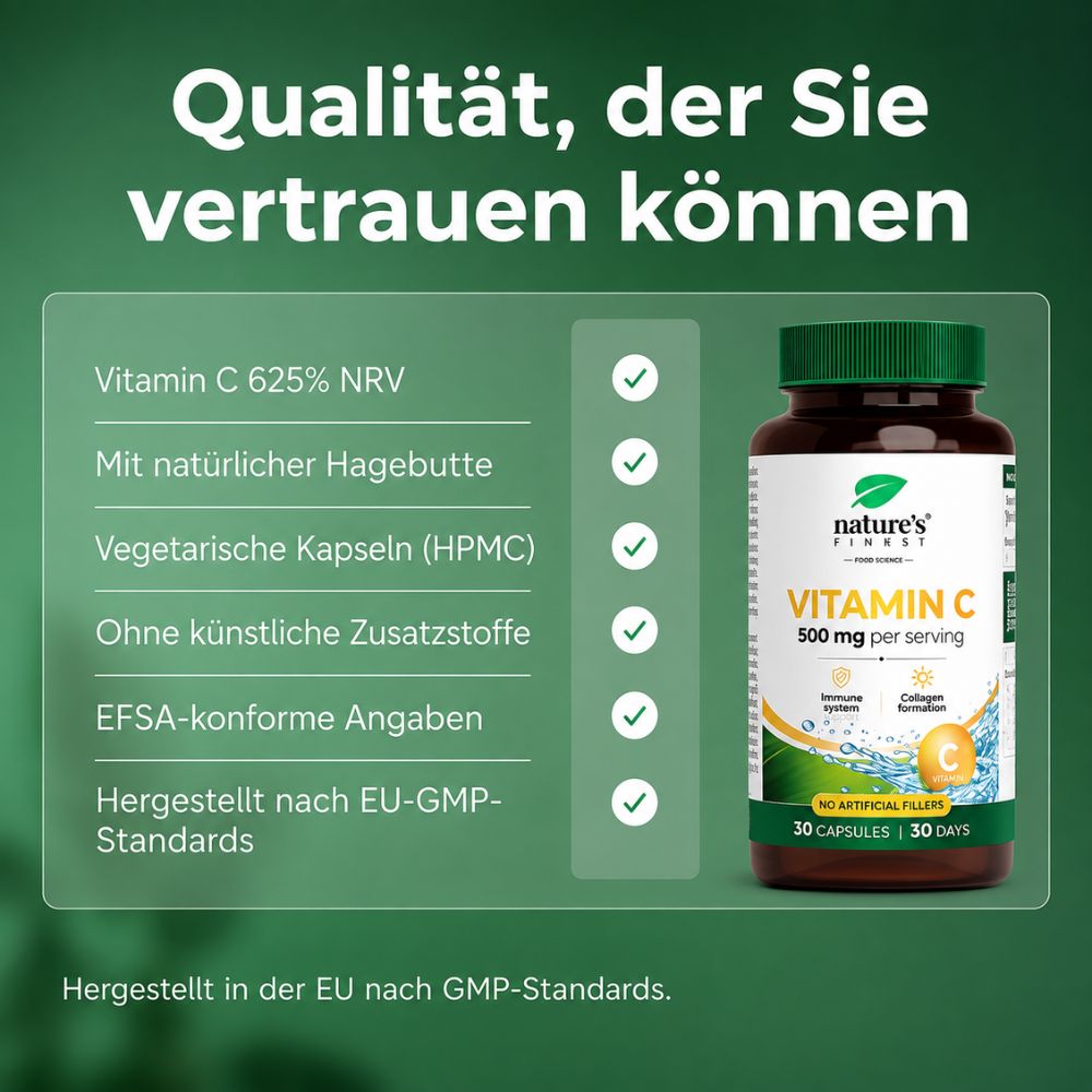 Nature's Finest | Vitamin C 500 mg mit Hagebutte - 30 vegane Kapseln