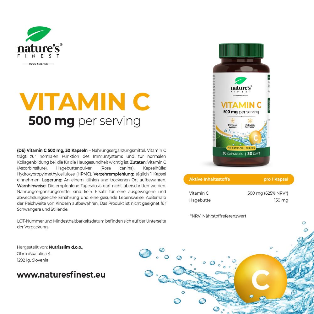 Nature's Finest | Vitamin C 500 mg mit Hagebutte - 30 vegane Kapseln