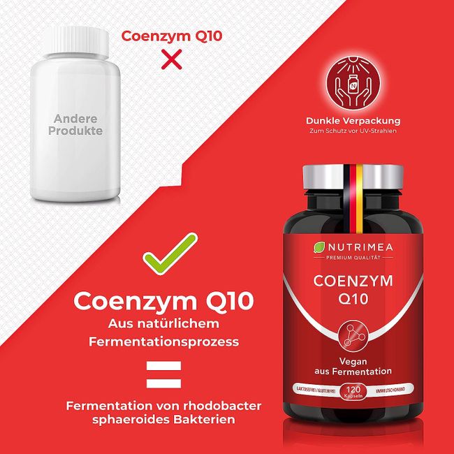 Nutrimea PREMIUM COENZYM Q10 Hochdosiert | 120 Vegane Kapseln für 2 Monatskur | 200 mg Tagesdosis Natürliches Q10