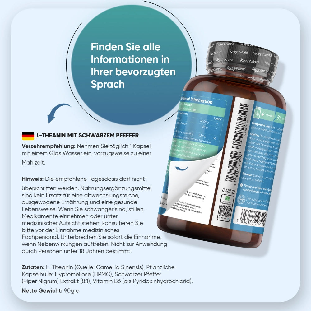 WeightWorld L-Theanin Kapseln mit schwarzem Pfeffer und Vitamin B6 · 180 Kapseln – Bild 5