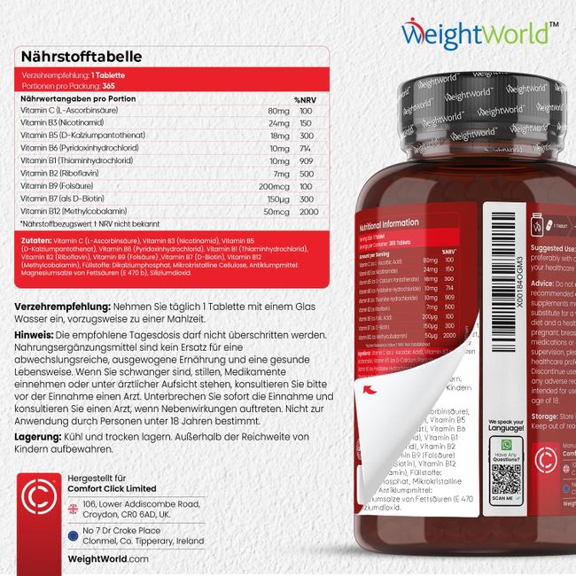 WeightWorld Vitamin B Komplex · Mit Vitamin C · 365 Tabletten – Bild 6