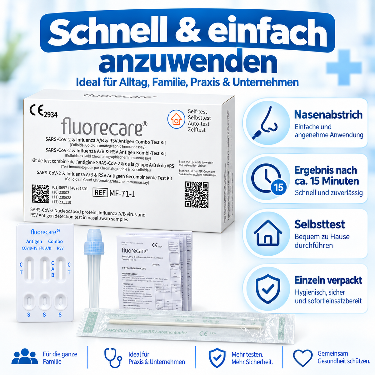fluorecare® 4in1 SARS-CoV-2, Influenza A/B & RSV Combo-Schnelltest + Gratis Nanovio FFP2 Maske