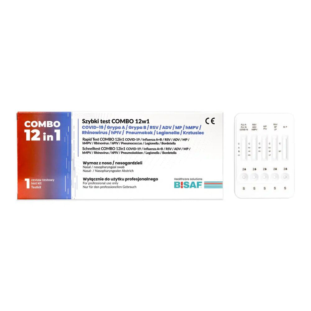 BISAF | 12in1 Test COVID‑19, Influenza, RSV, ADV, hMPV, RhV, hPIV, MP, LP, Pneumokokken, Keuchhusten + Gratis Nanovio FFP2