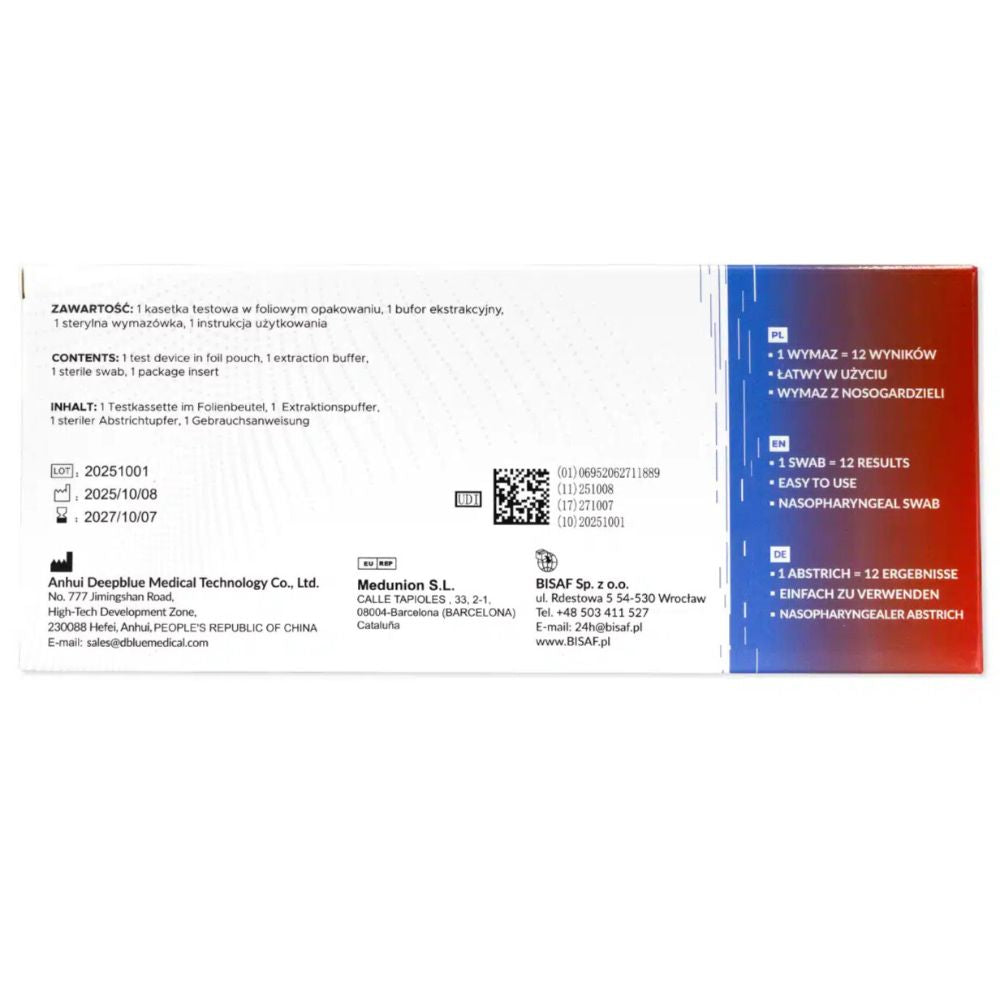 BISAF | 12in1 Test COVID‑19, Influenza, RSV, ADV, hMPV, RhV, hPIV, MP, LP, Pneumokokken, Keuchhusten + Gratis Nanovio FFP2