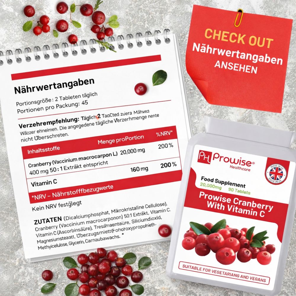 Prowise Healthcare Doppelte Stärke Cranberry 20.000 mg mit Vitamin C · 90 Tabletten – Bild 5