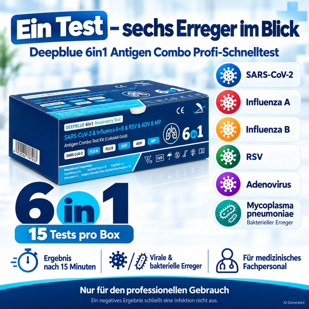 Deepblue | 6in1  Profi Antigen Combo Test für COVID-19 (Corona), Grippe A/B, RSV, Adenovirus & Mycoplasma (MP) 15 Stück Packung