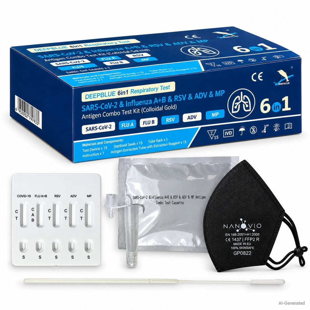 Deepblue | 6in1  Profi Antigen Combo Test für COVID-19 (Corona), Grippe A/B, RSV, Adenovirus & Mycoplasma (MP) 15 Stück Packung