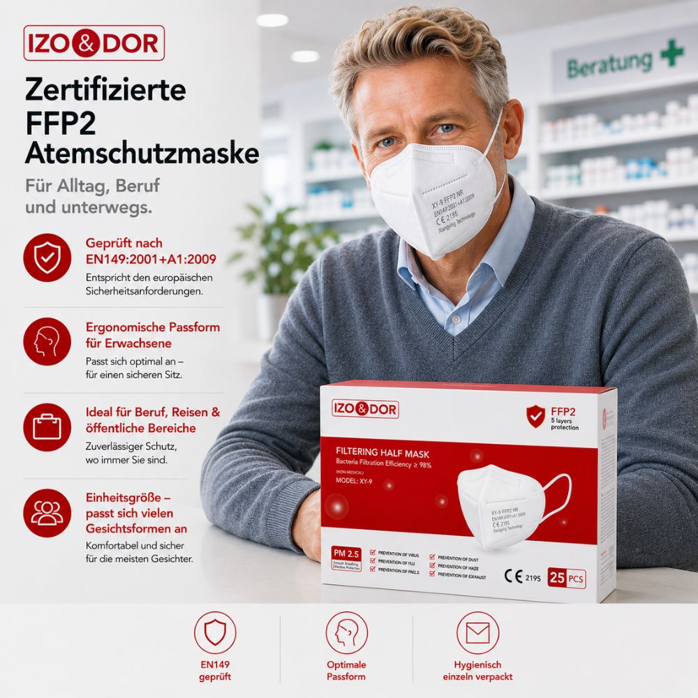 IZO&DOR | FFP2 NR Atemschutzmaske - CE-zertifiziert - EN149 - 5-lagig - Weiß