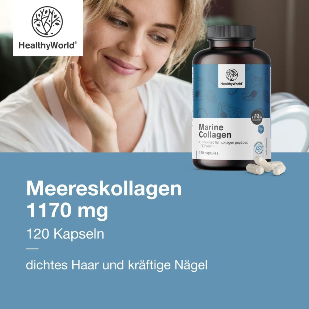 HealthyWorld Meereskollagen 1170 mg für Haare, Haut und Nägel · 120 Kapseln – Bild 4