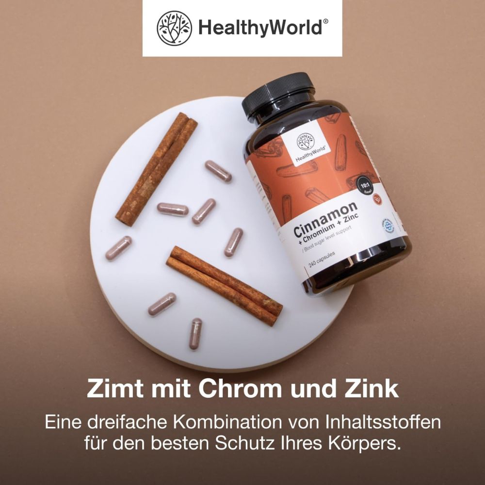 HealthyWorld Zimt mit Chrom und Zink zur Regulierung des Blutzuckerspiegels · 240 Kapseln – Bild 4