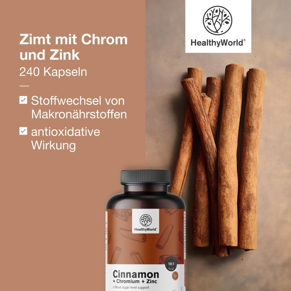 HealthyWorld Zimt mit Chrom und Zink zur Regulierung des Blutzuckerspiegels · 240 Kapseln – Bild 5