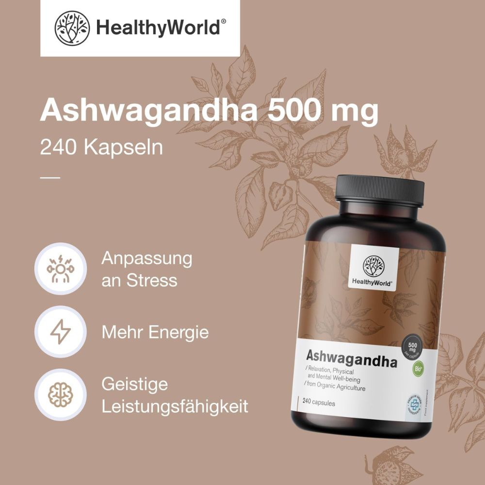HealthyWorld Ashwagandha 500 mg · 240 Kapseln – Bild 4