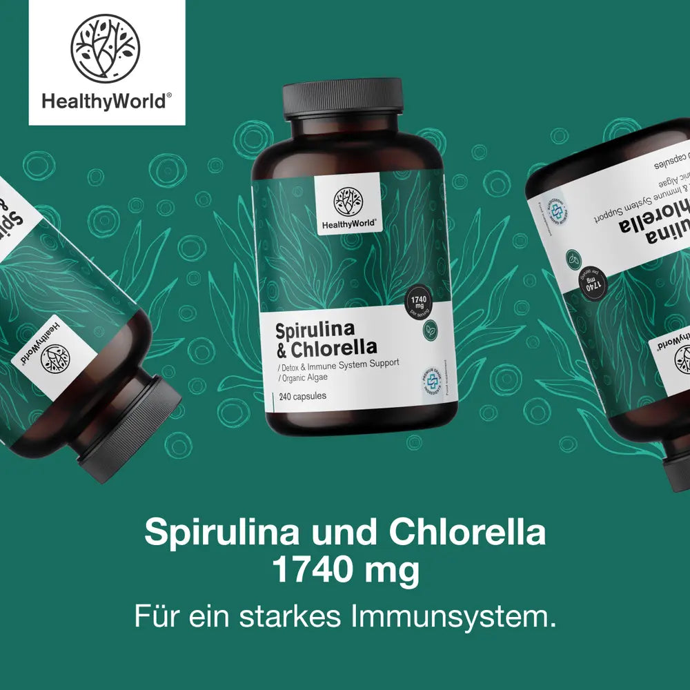 HealthyWorld | Spirulina und Chlorella 1740 mg – BIO Algen-Komplex – 240 Kapseln