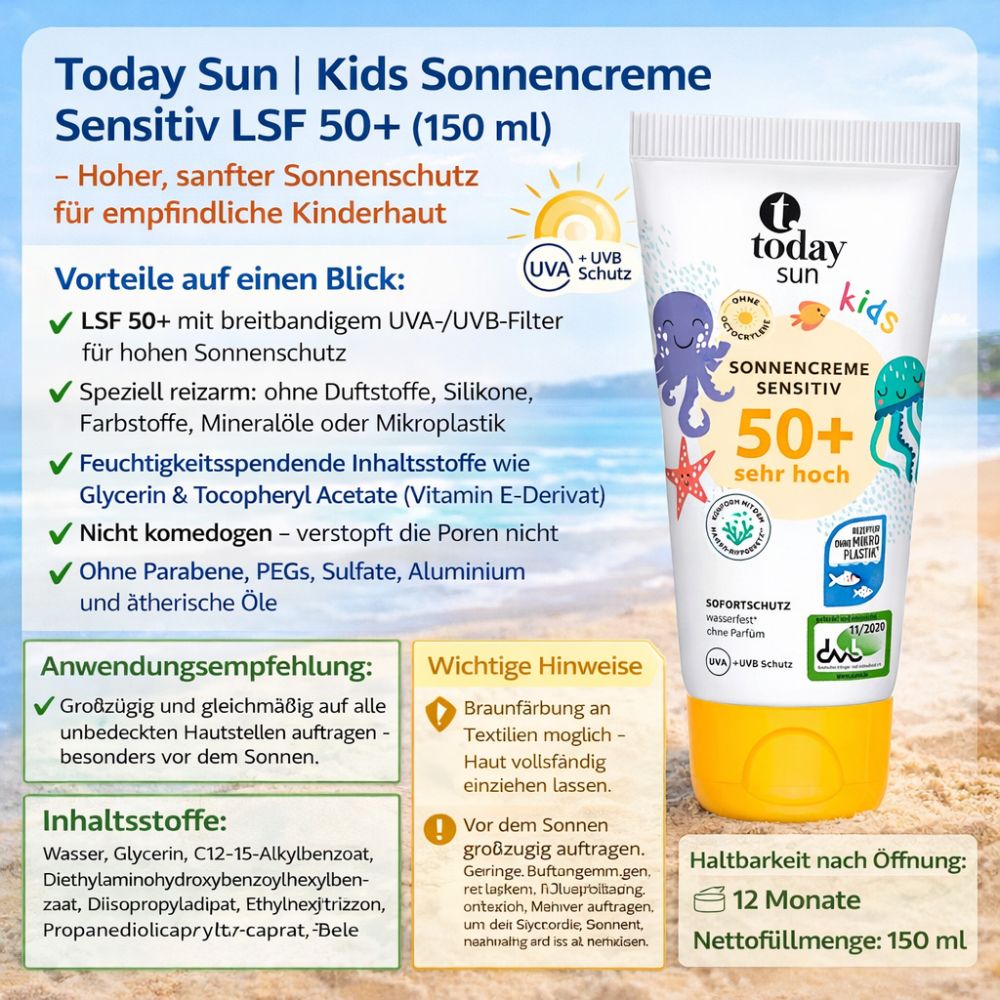 Today Sun Kids Sonnencreme Sensitiv LSF 50+ (150ml) – Bild 3
