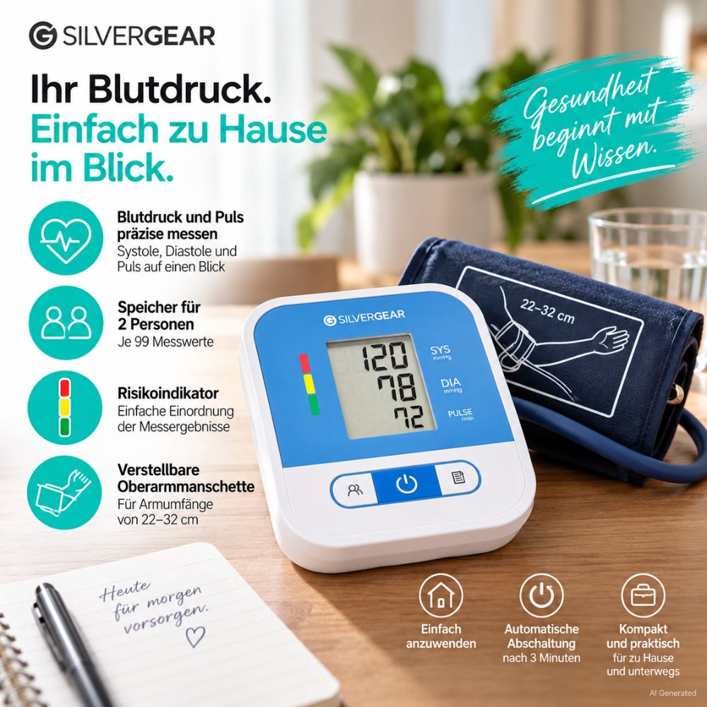 Silvergear | Oberarm-Blutdruckmessgerät mit LCD-Display