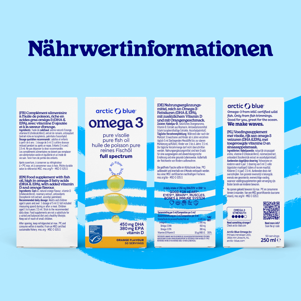 Arctic Blue Omega 3 DHA- und EPA-Fischöl mit Vitamin D3 (Orangengeschmack) · MSC · 250 ml – Bild 5