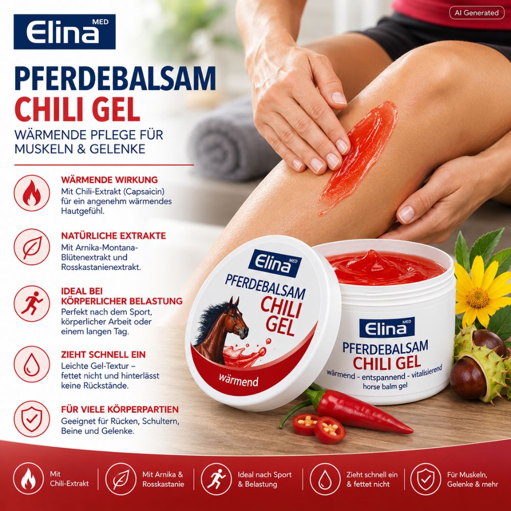 Elina Med | Pferdebalsam Chili-Gel - Wärmende Pflege für Muskeln &amp; Gelenke - 500ml