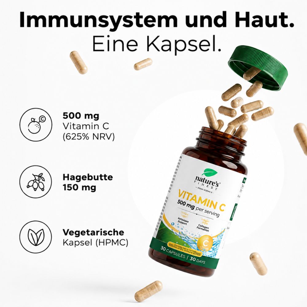 Nature's Finest | Vitamin C 500 mg mit Hagebutte - 30 vegane Kapseln