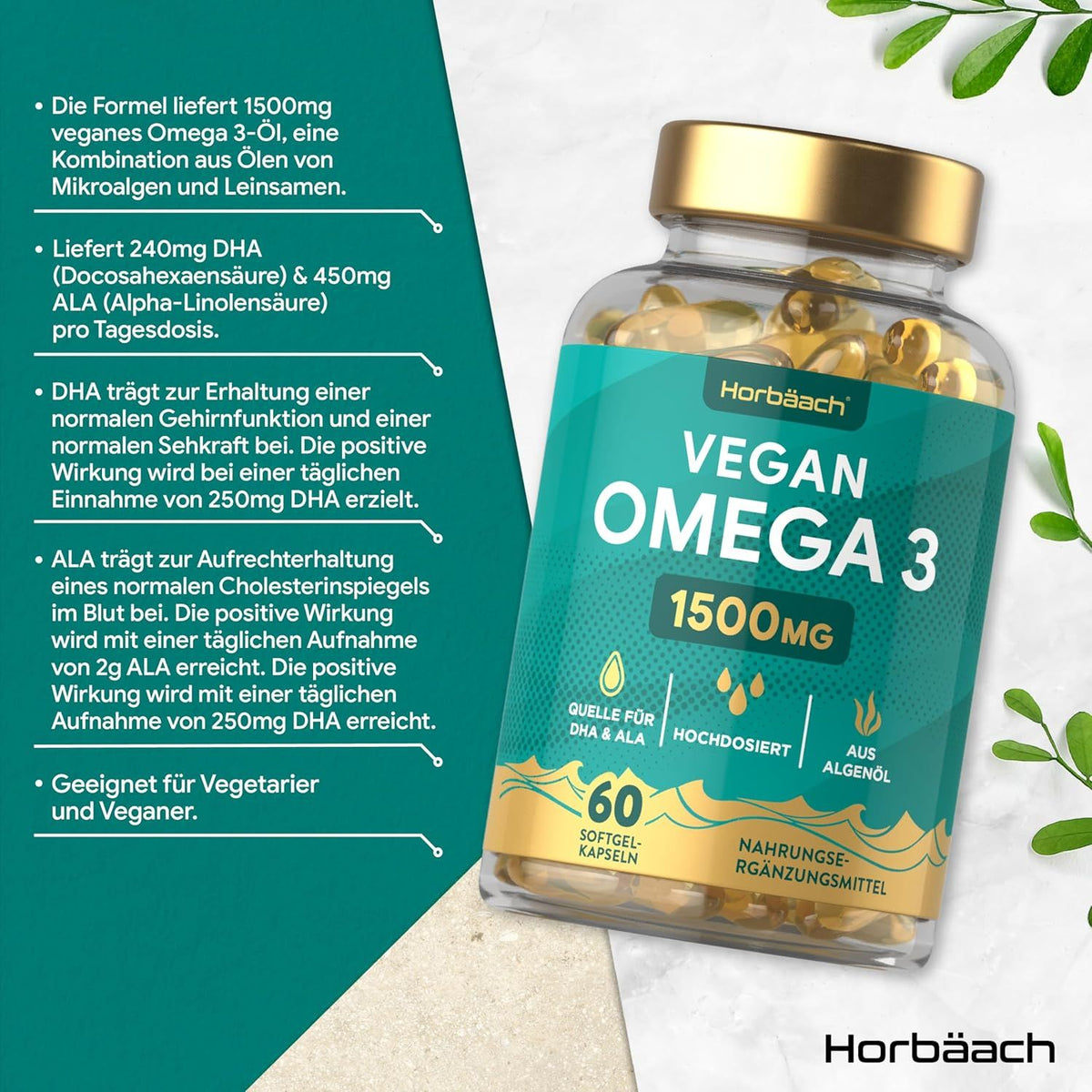 Horbaach Omega 3 Vegan 1500mg aus Algenöl · 60 Kapseln mit Hochdosiert ALA und DHA pro Portion – Bild 2
