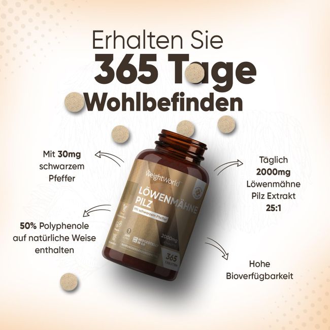 WeightWorld | Löwenmähne Pilz - 2030 mg - 365 Tabletten